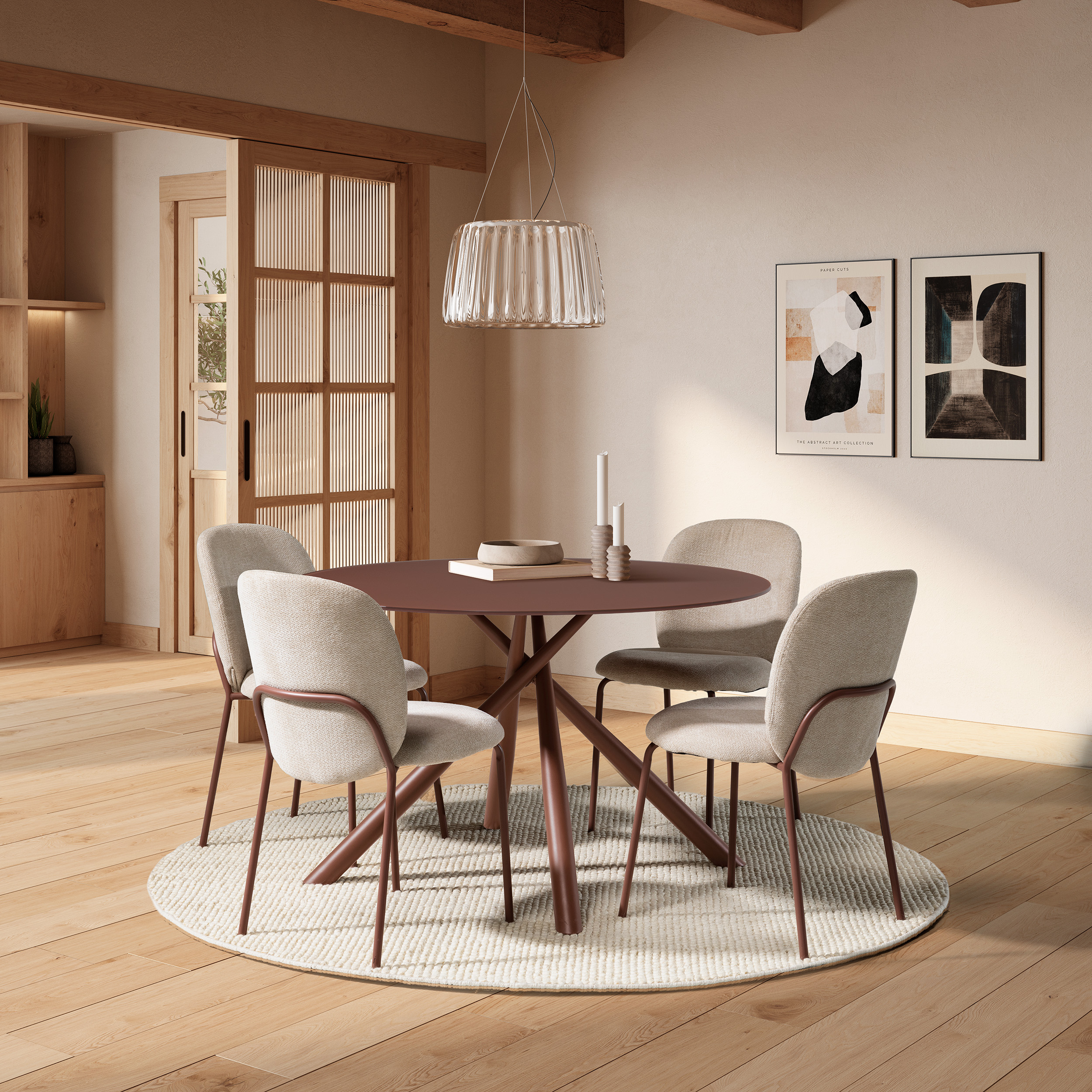 Silla comedor textil y estructura metálica en terracota colección daia
