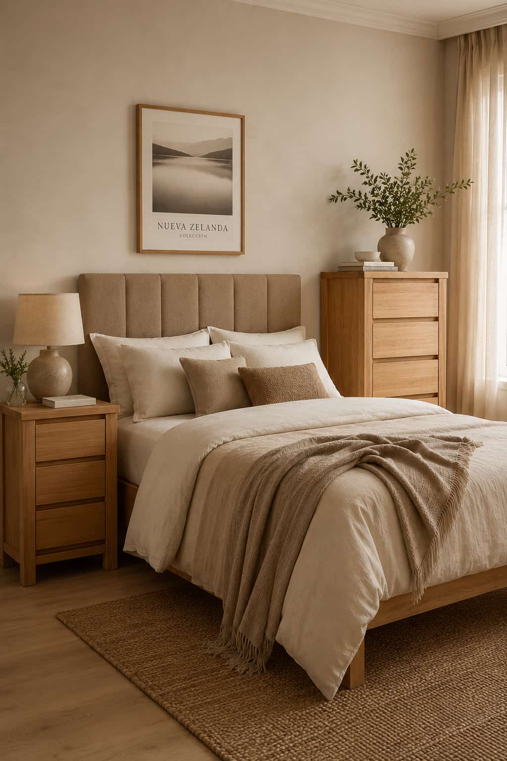 Mesita de noche madera natural con 3 cajones