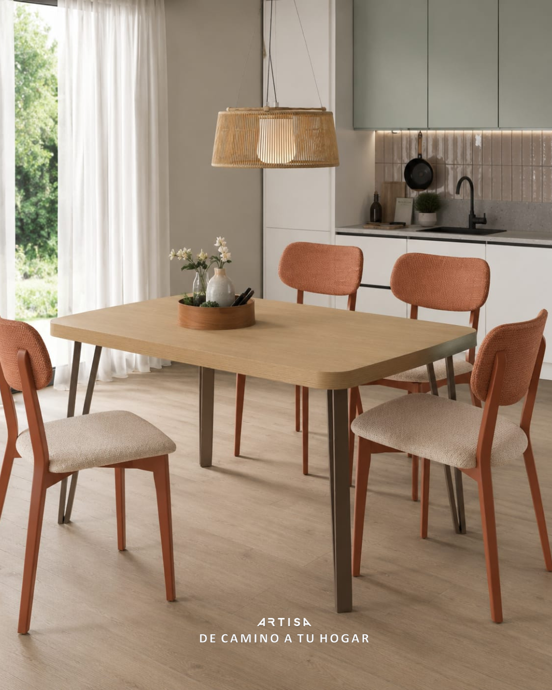 Mesa de comedor de fabricación española con acabados personalizables disponible en Artisa.
