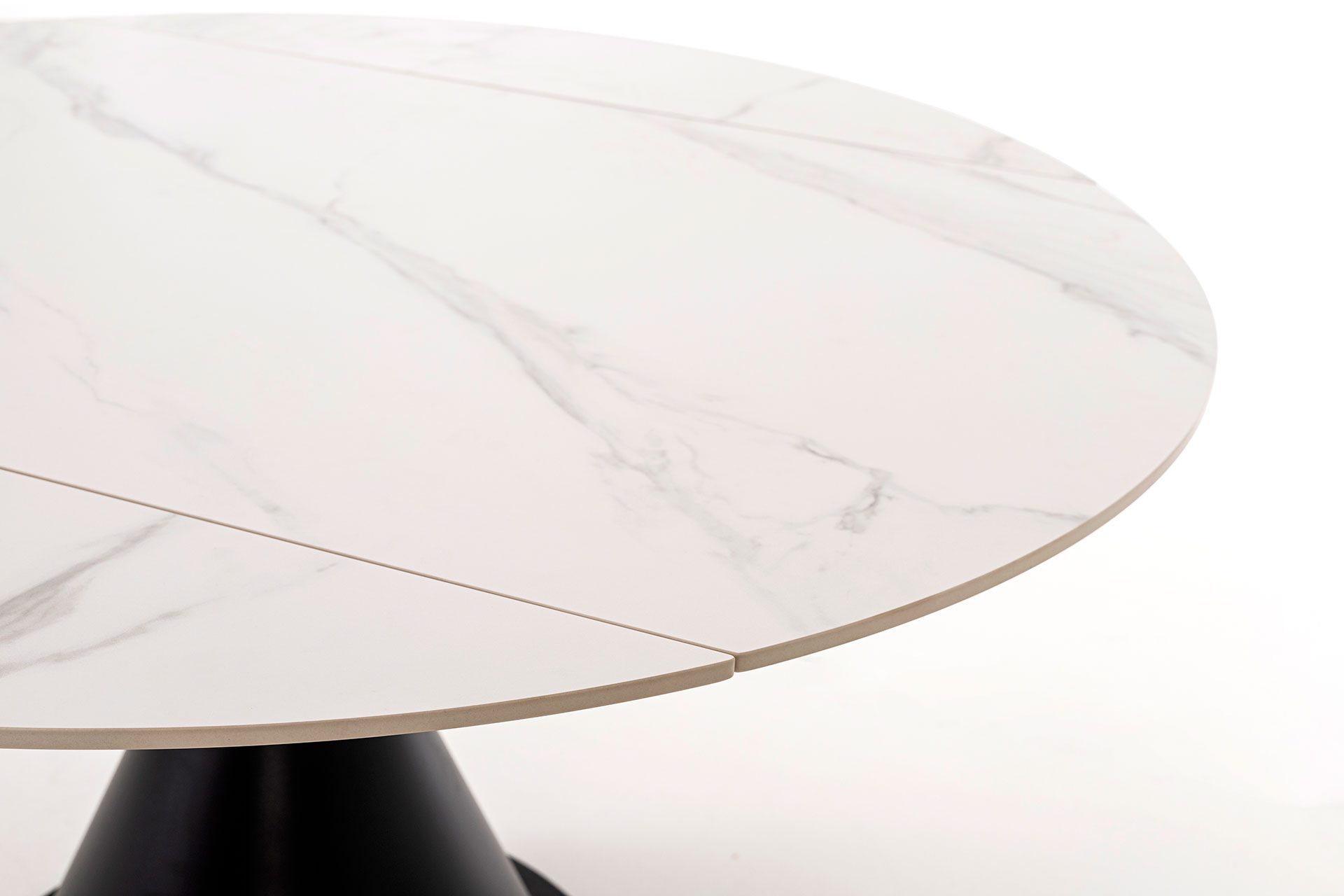 Mesa Comedor Extensible Giratoria en acabado mármol blanco con tapa metálica en color negro