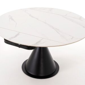 Mesa Comedor Extensible Giratoria en acabado mármol blanco con tapa metálica en color negro
