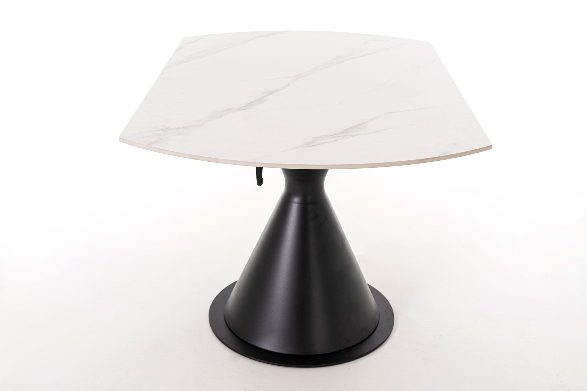 Mesa Comedor Extensible Giratoria en acabado mármol blanco con tapa metálica en color negro