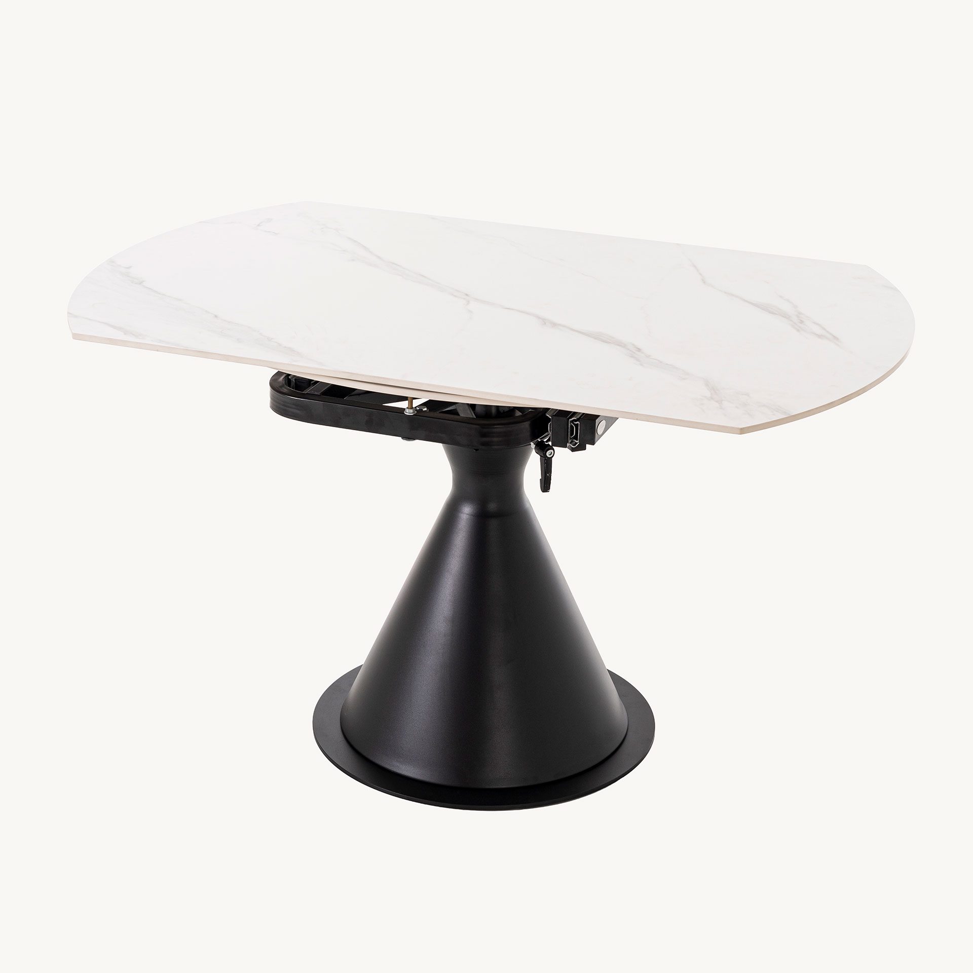 Mesa Comedor Extensible Giratoria en acabado mármol blanco con tapa metálica en color negro