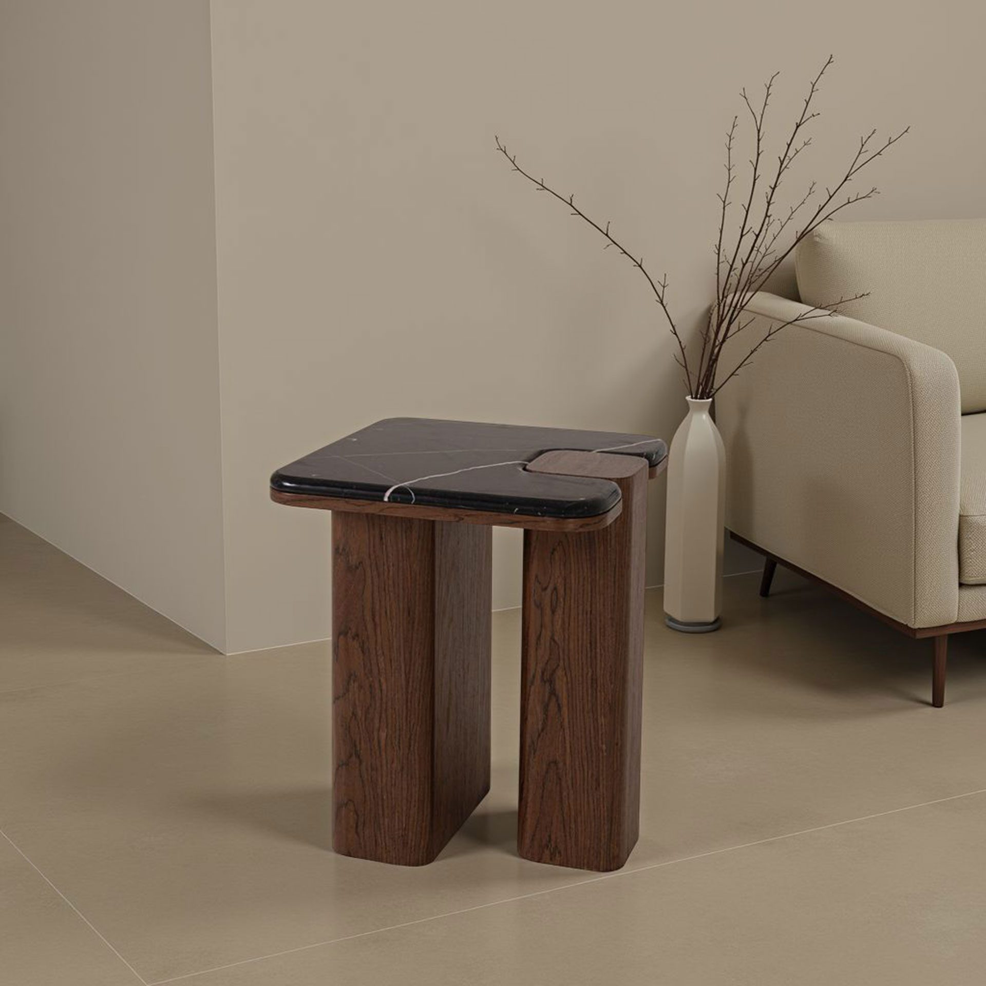 Mesa centro colección delfos en chapa nogal combinado con porcelánico