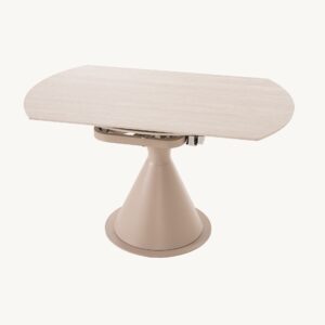 Mesa Comedor Extensible Giratoria en acabado en piedra travertino con tapa metálica en color beige