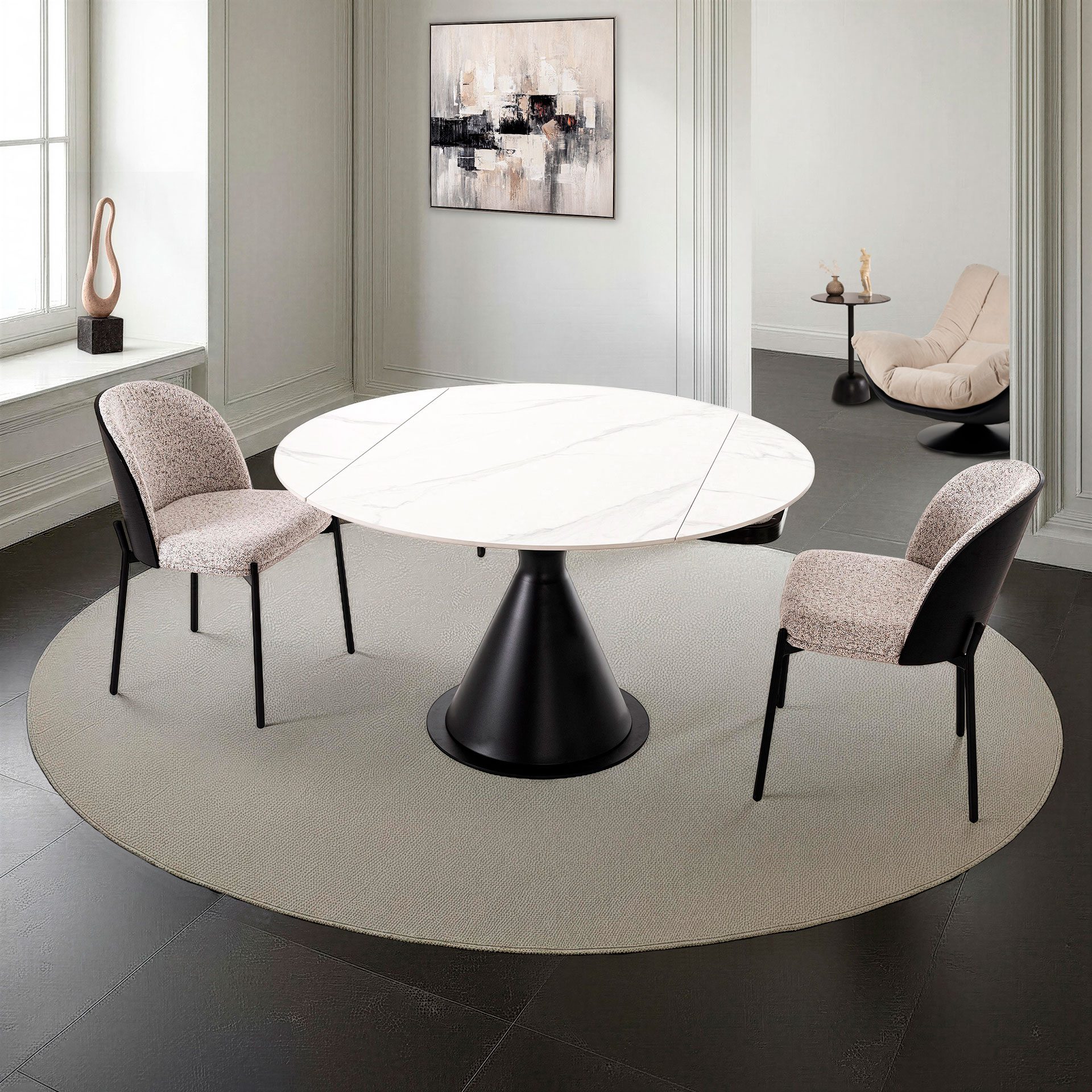Mesa Comedor Extensible Giratoria en acabado mármol blanco con tapa metálica en color negro
