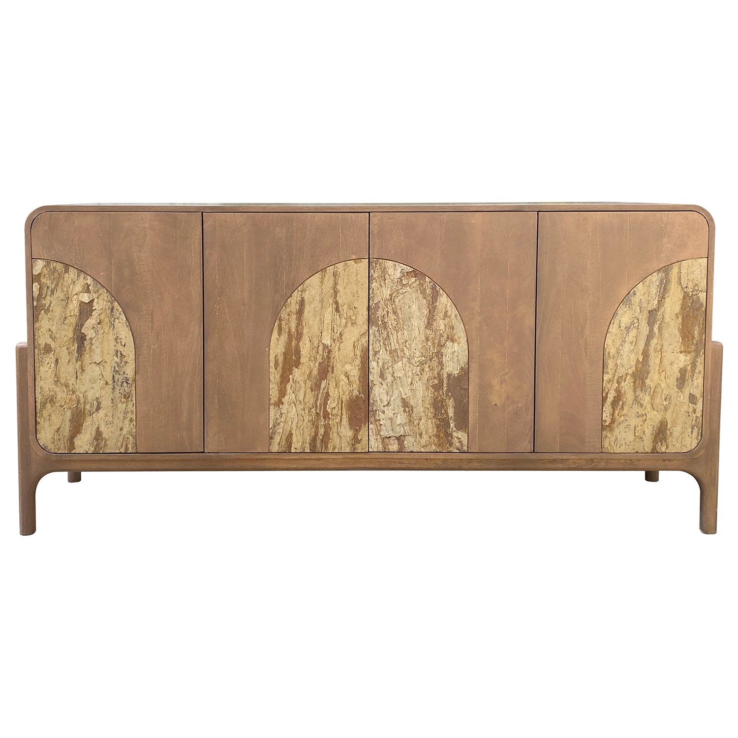 Aparador de la colección Artisa fabricado en madera de mango con puertas de piedra natural, patas altas y diseño contemporáneo. Disponible junto con mueble TV y estantería en dos acabados de armazón para crear un salón elegante y acogedor.