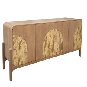 Aparador de la colección Artisa fabricado en madera de mango con puertas de piedra natural, patas altas y diseño contemporáneo. Disponible junto con mueble TV y estantería en dos acabados de armazón para crear un salón elegante y acogedor.