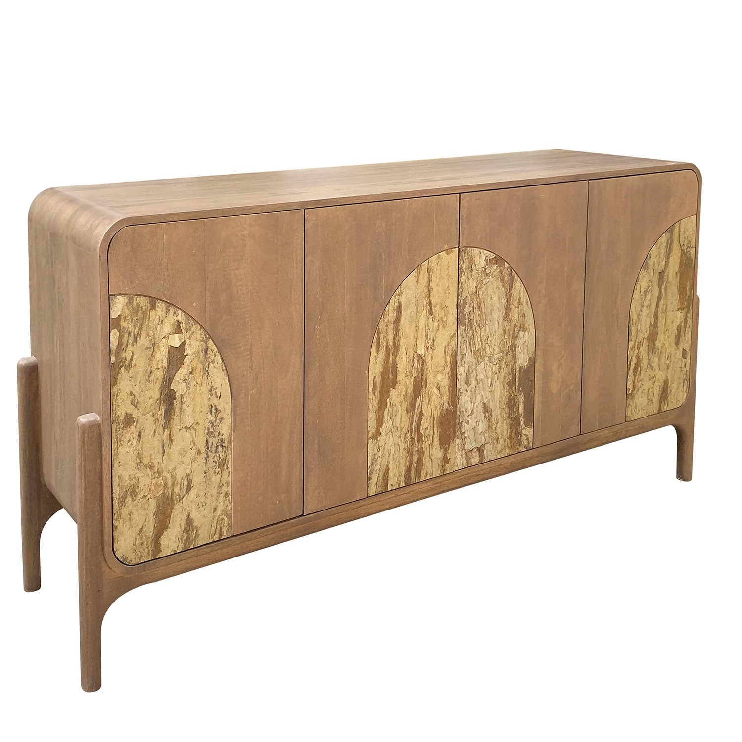 Aparador de la colección Artisa fabricado en madera de mango con puertas de piedra natural, patas altas y diseño contemporáneo. Disponible junto con mueble TV y estantería en dos acabados de armazón para crear un salón elegante y acogedor.