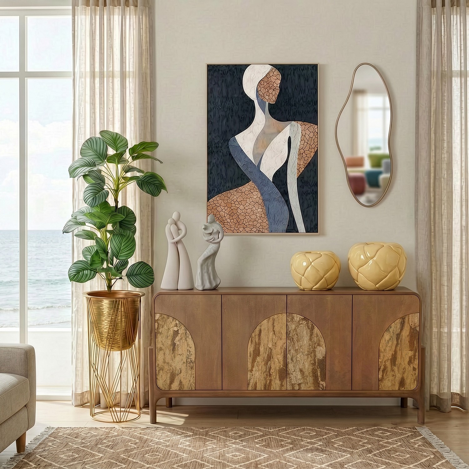 Aparador de la colección Artisa fabricado en madera de mango con puertas de piedra natural, patas altas y diseño contemporáneo. Disponible junto con mueble TV y estantería en dos acabados de armazón para crear un salón elegante y acogedor.