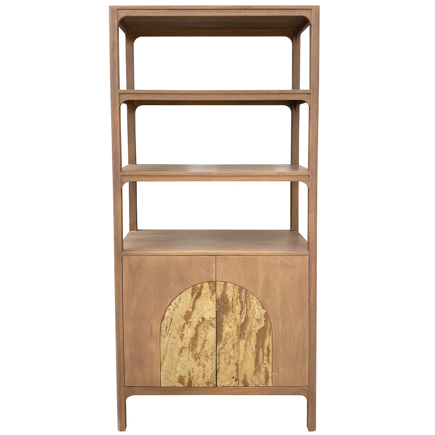 Estantería de la colección Artisa fabricado en madera de mango con puertas de piedra natural, patas altas y diseño contemporáneo. Disponible junto con mueble TV y estantería en dos acabados de armazón para crear un salón elegante y acogedor.