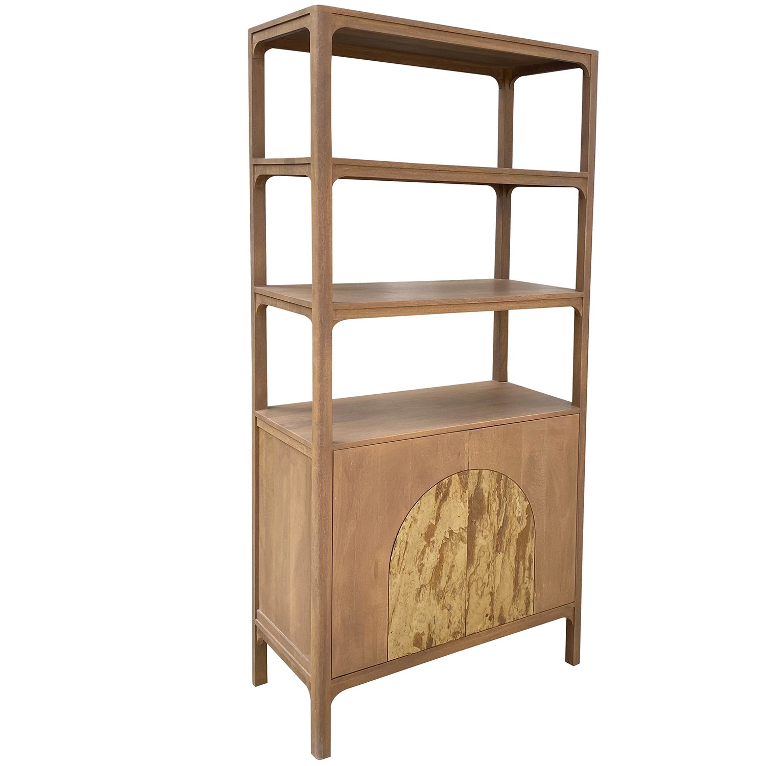 Estantería de la colección Artisa fabricado en madera de mango con puertas de piedra natural, patas altas y diseño contemporáneo. Disponible junto con mueble TV y estantería en dos acabados de armazón para crear un salón elegante y acogedor.