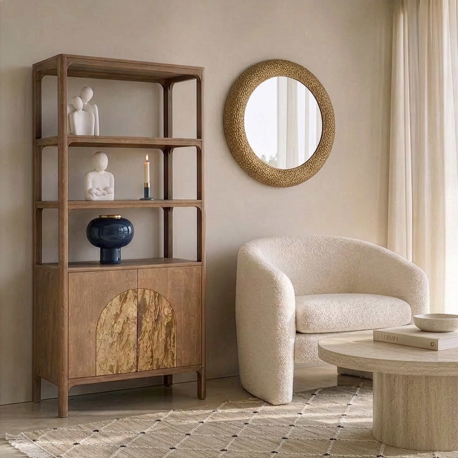 Estantería de la colección Artisa fabricado en madera de mango con puertas de piedra natural, patas altas y diseño contemporáneo. Disponible junto con mueble TV y estantería en dos acabados de armazón para crear un salón elegante y acogedor.