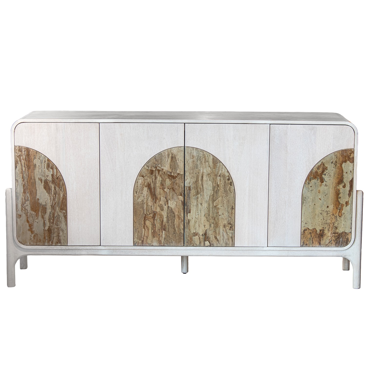 Aparador de la colección Artisa fabricado en madera de mango con puertas de piedra natural, patas altas y diseño contemporáneo. Disponible junto con mueble TV y estantería en dos acabados de armazón para crear un salón elegante y acogedor.