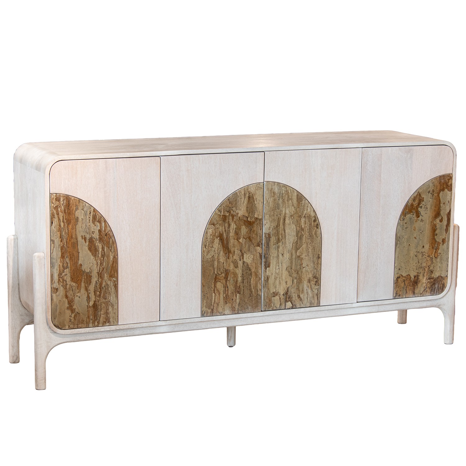 Aparador de la colección Artisa fabricado en madera de mango con puertas de piedra natural, patas altas y diseño contemporáneo. Disponible junto con mueble TV y estantería en dos acabados de armazón para crear un salón elegante y acogedor.