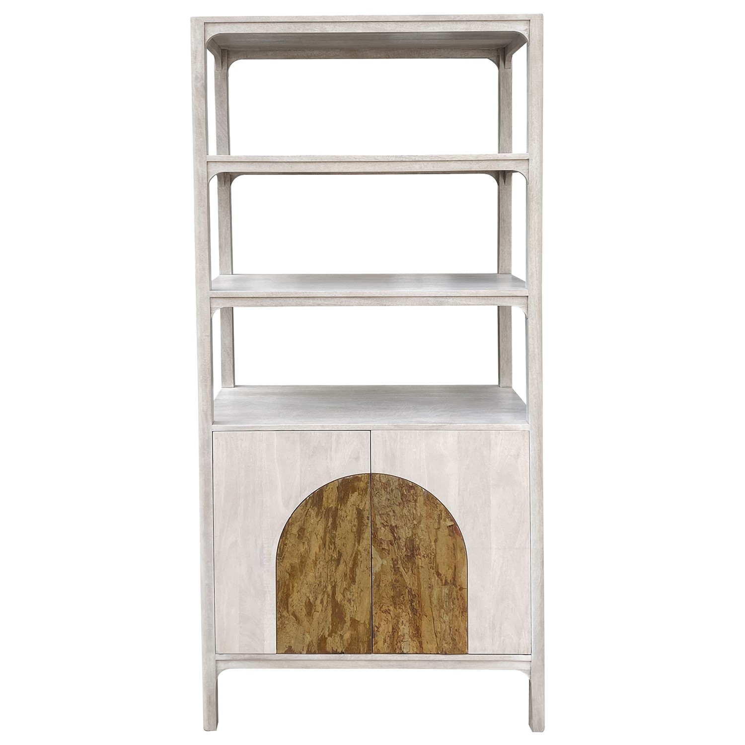 Estantería de la colección Artisa fabricado en madera de mango con puertas de piedra natural, patas altas y diseño contemporáneo. Disponible junto con mueble TV y estantería en dos acabados de armazón para crear un salón elegante y acogedor.