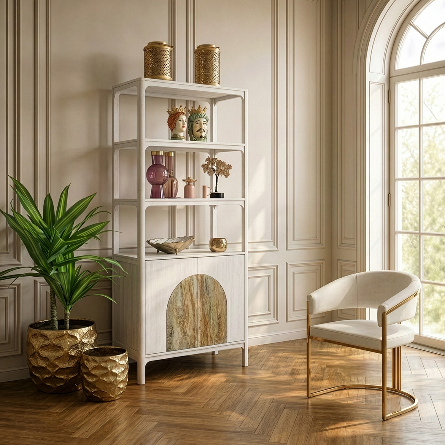 Estantería de la colección Artisa fabricado en madera de mango con puertas de piedra natural, patas altas y diseño contemporáneo. Disponible junto con mueble TV y estantería en dos acabados de armazón para crear un salón elegante y acogedor.
