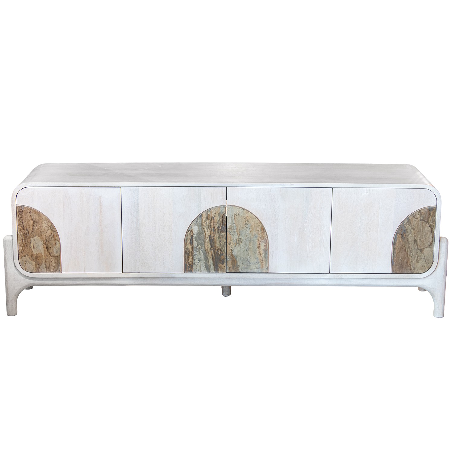 Mueble tv de la colección Artisa fabricado en madera de mango con puertas de piedra natural, patas altas y diseño contemporáneo. Disponible junto con mueble TV y estantería en dos acabados de armazón para crear un salón elegante y acogedor.