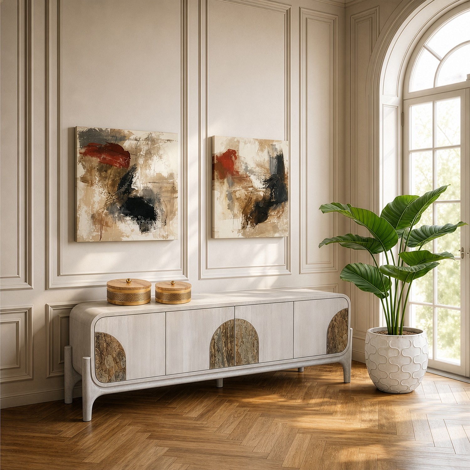 Mueble tv de la colección Artisa fabricado en madera de mango con puertas de piedra natural, patas altas y diseño contemporáneo. Disponible junto con mueble TV y estantería en dos acabados de armazón para crear un salón elegante y acogedor.