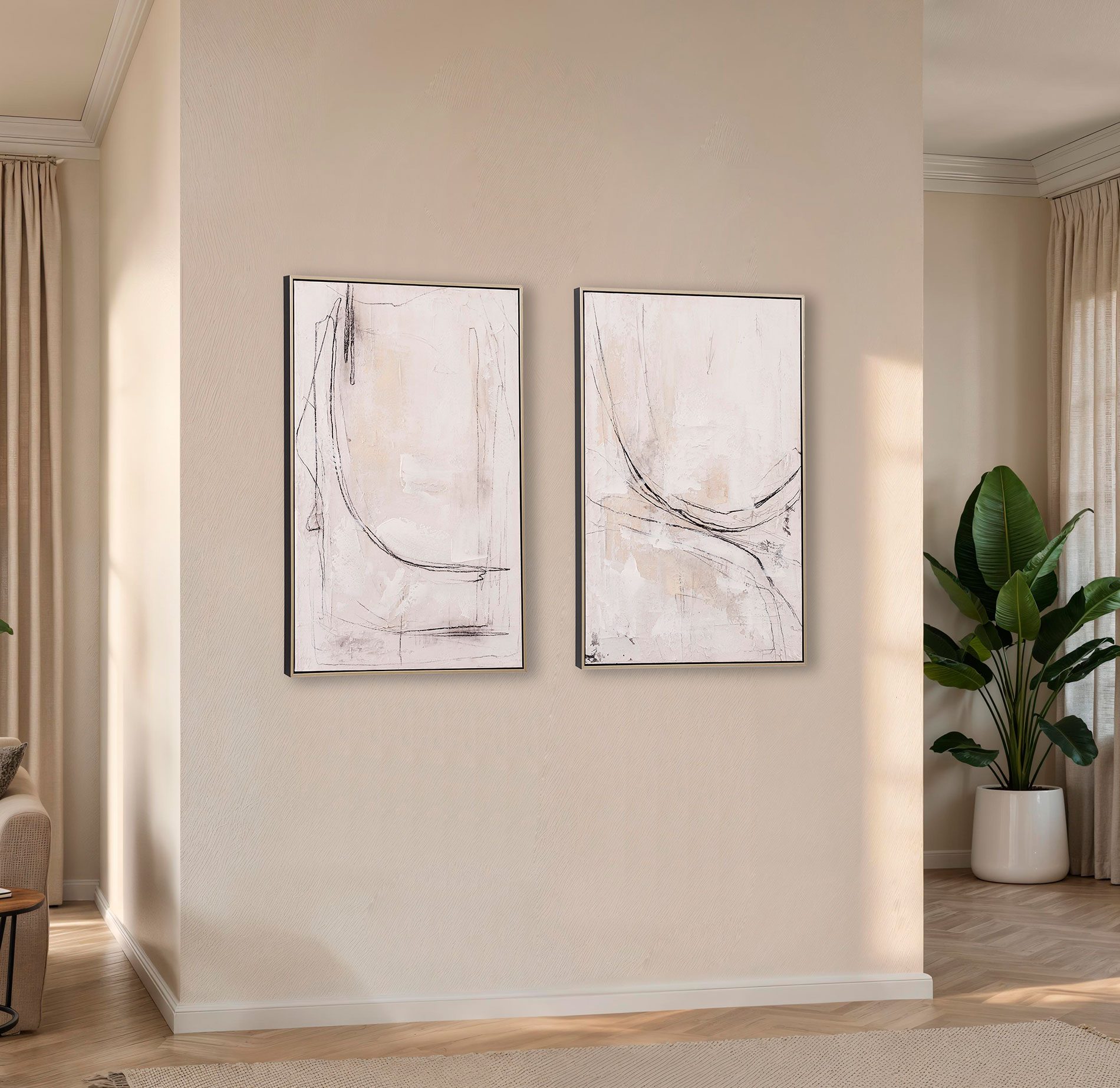 Este set de 2 cuadros pintados al óleo con relieve es una pieza decorativa elegante y sofisticada, ideal para aportar estilo y personalidad a cualquier espacio