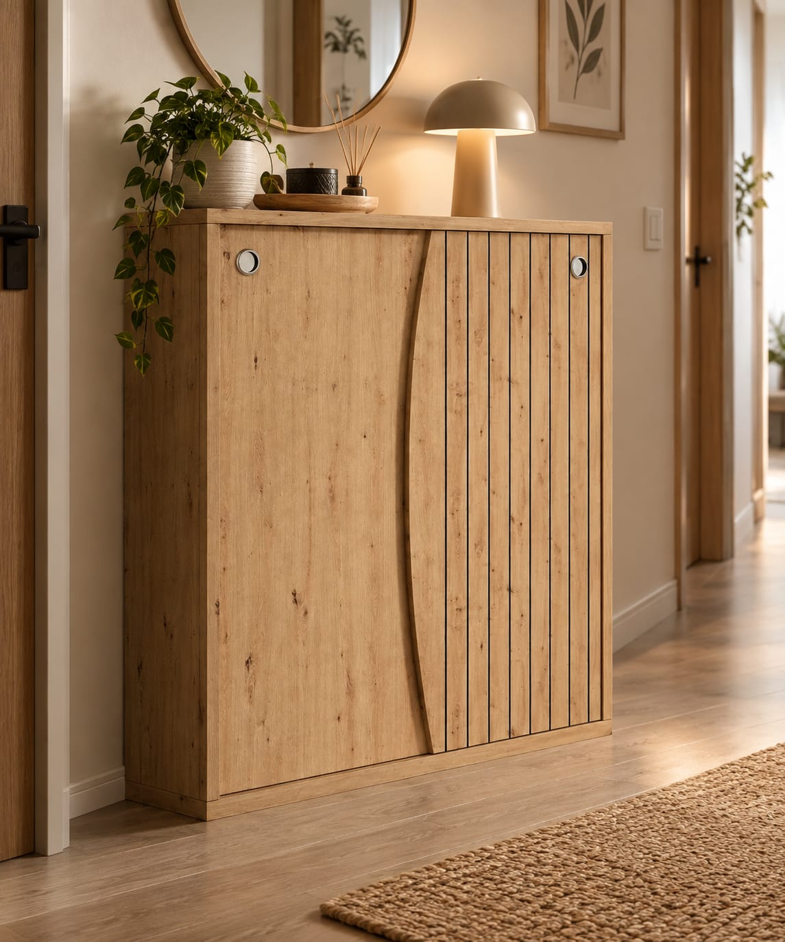 Mueble Zapatero en color roble amazonas con puerta corredera moderno y funcional