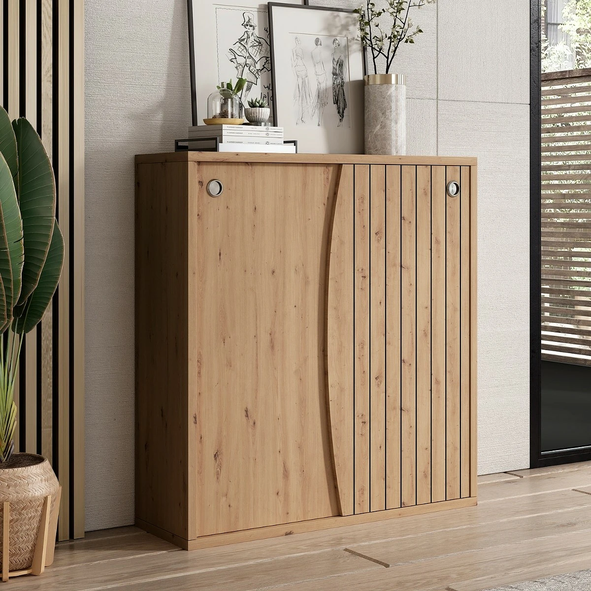 Mueble Zapatero en color roble amazonas con puerta corredera moderno y funcional